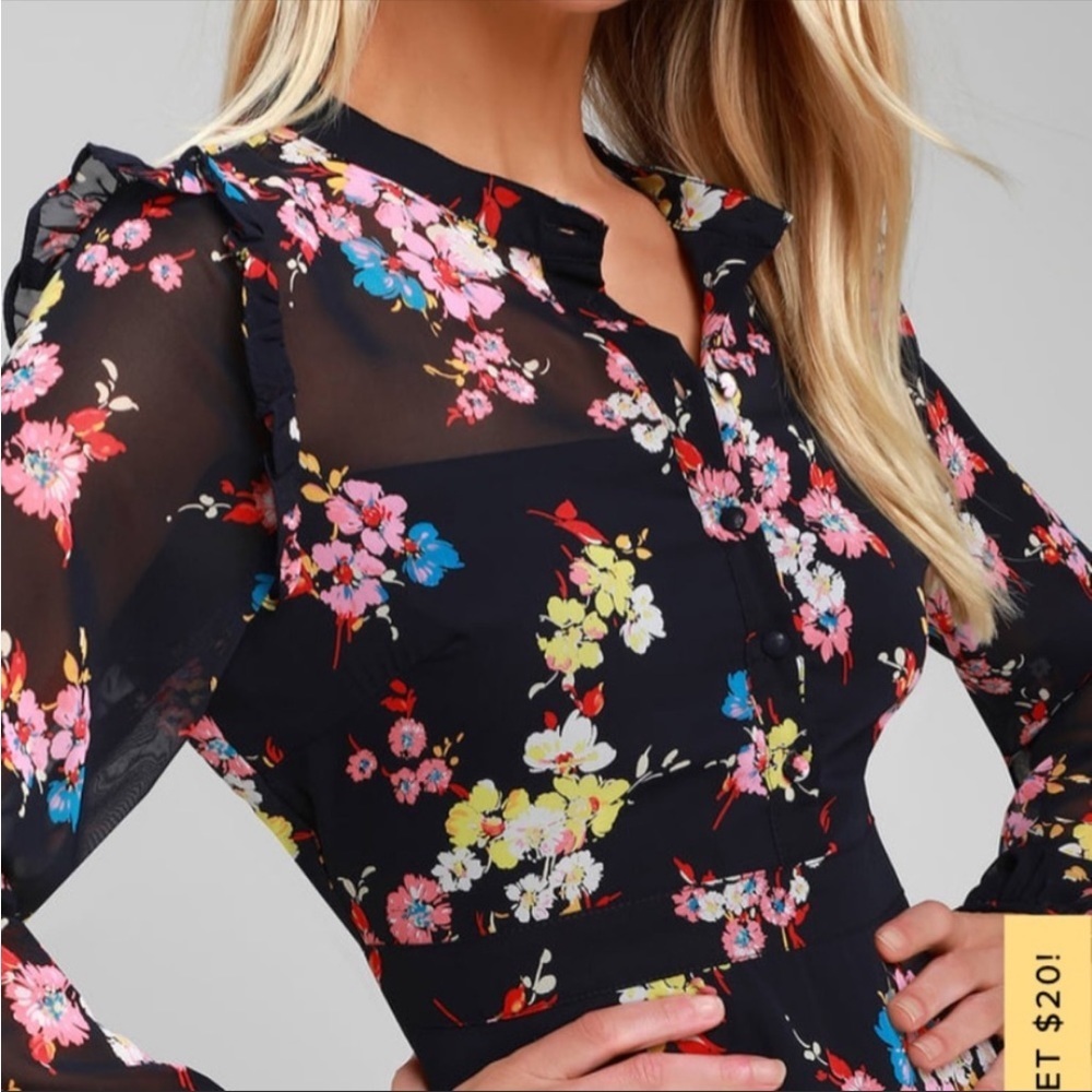 Lulu’s In the Flowers Navy Blue Floral Print Long Sleeve Skater Dress XL - Picture 5 of 12